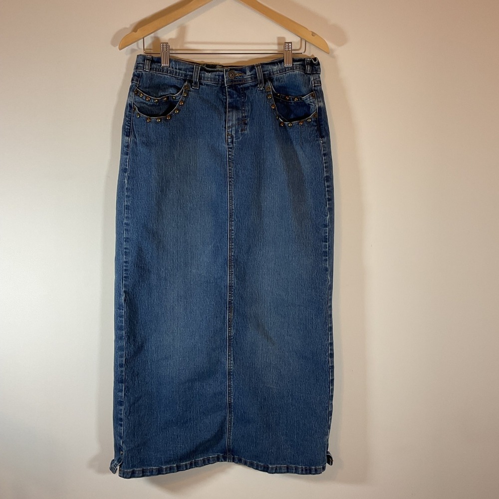 NoFuze Jeans Blue Denim Studded Maxi Skirt Size 11/12 Medium Wash Boho Western